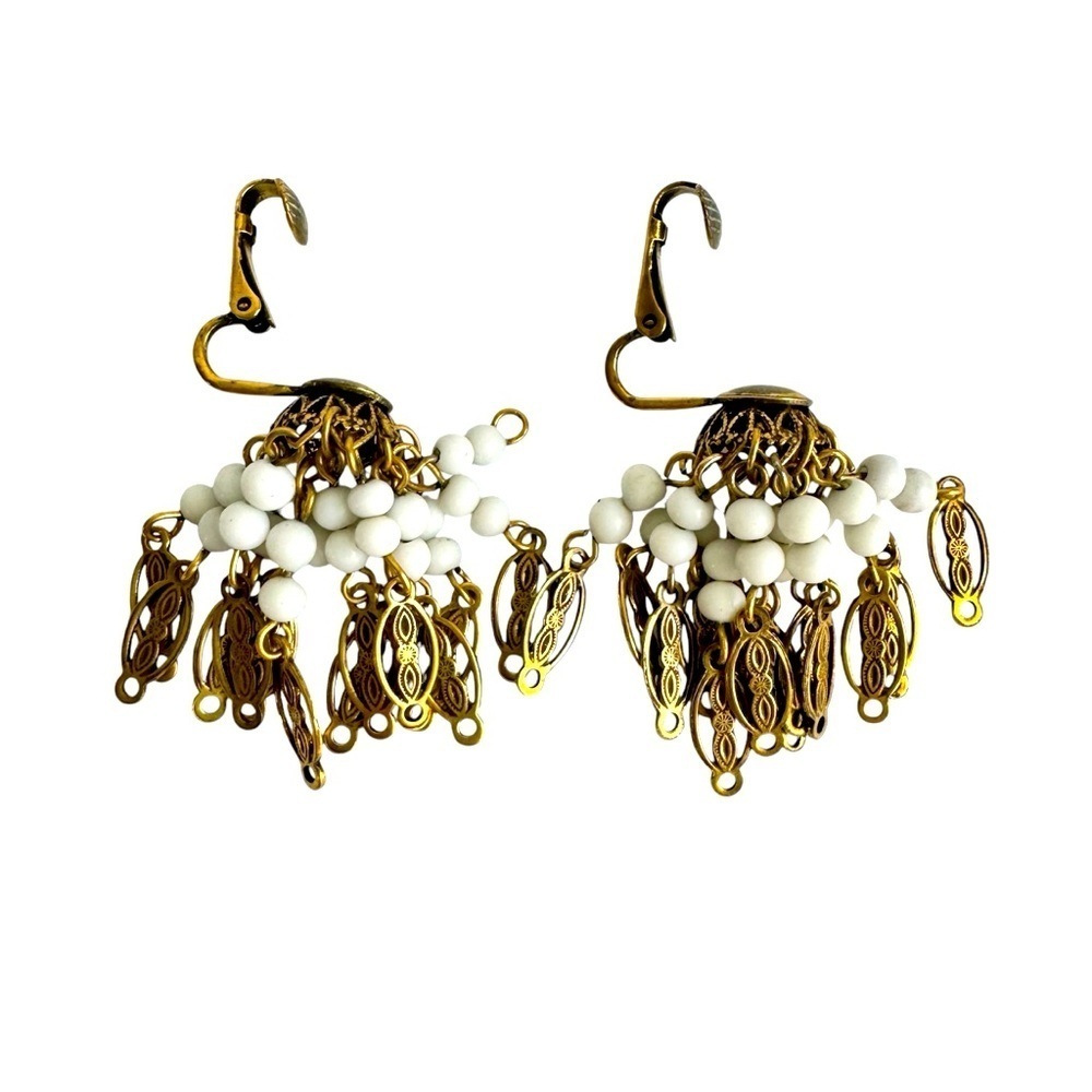 Vintage Beaded Waterfall Earrings Gold Tone Bead Cluster Chandelier Clip On 60s‎